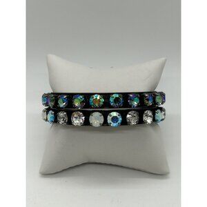 Set of Vintage Aurora Borealis Rhinestone Brass Bangle Set With Black Finish